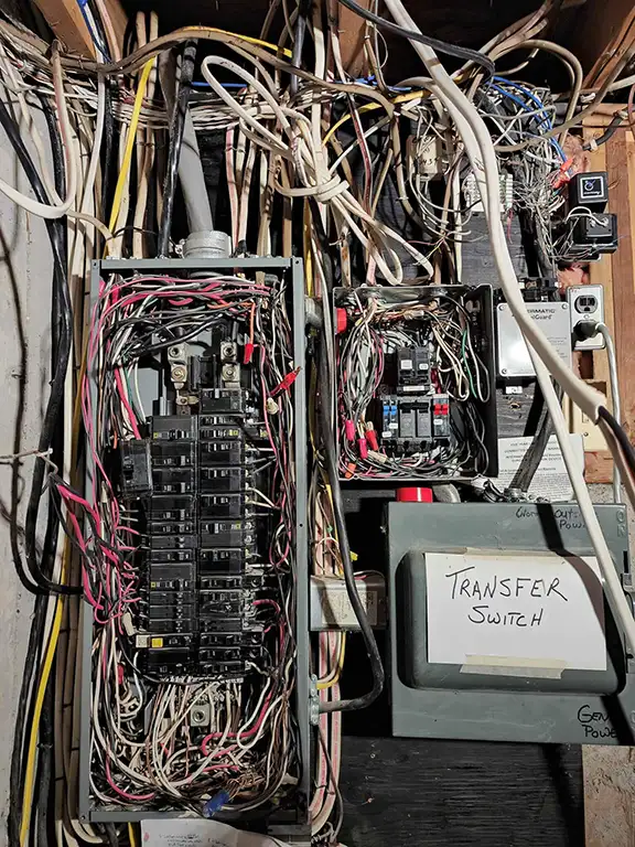 Disorganized electrical panel with messy wiring before upgrade