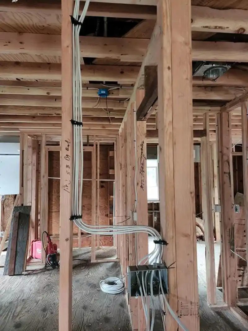 New construction electrical rough-in with organized wiring runs