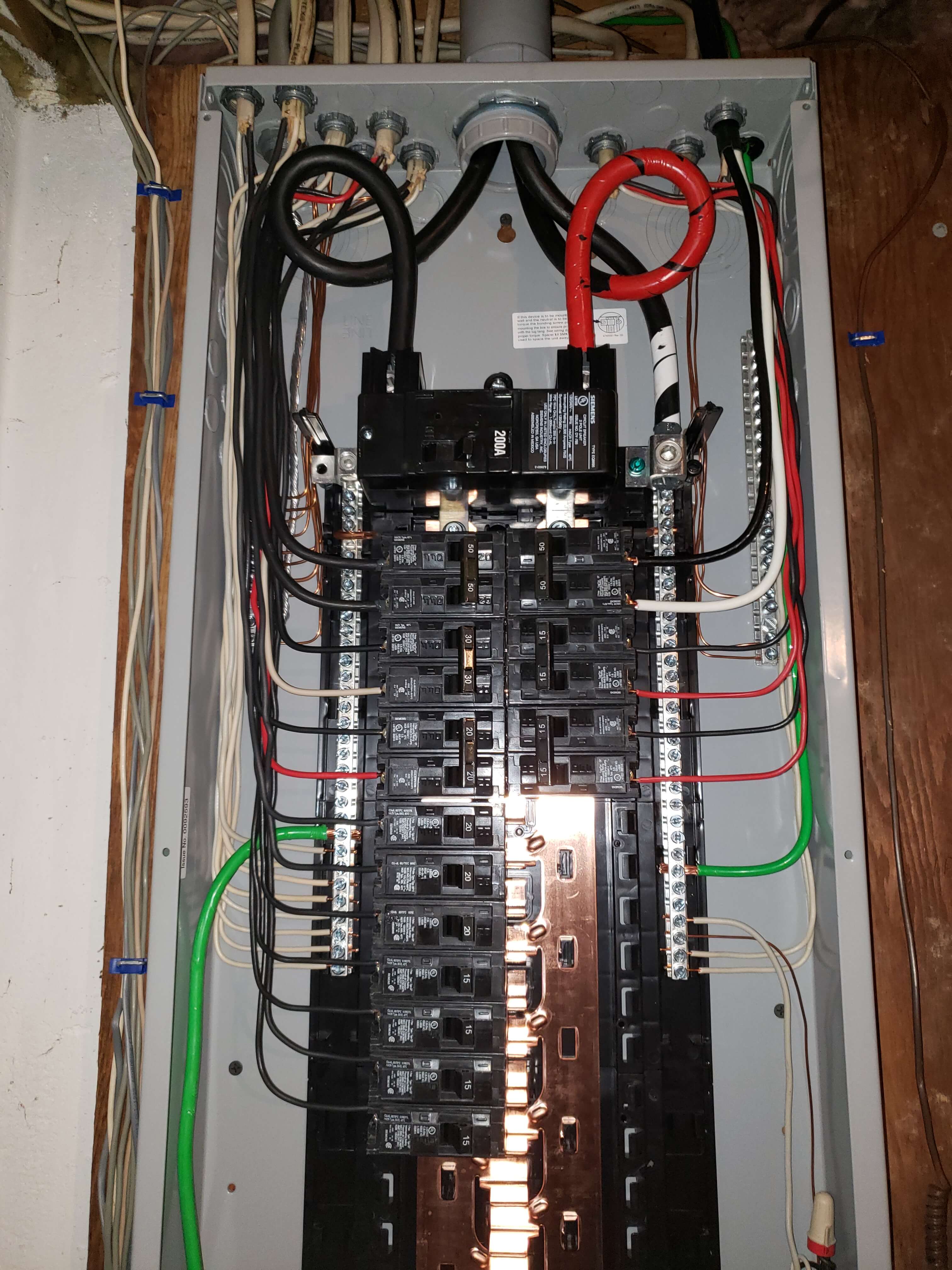 200 amp electrical panel interior with professional color-coded wiring
