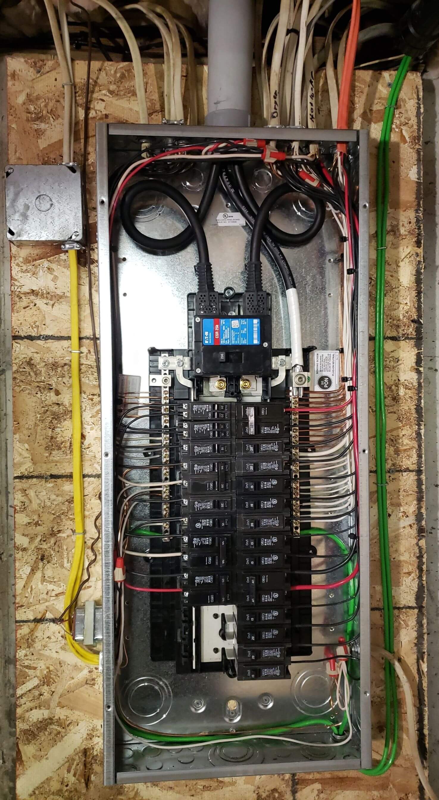 Electrical panel with blue main breaker and organized wiring
